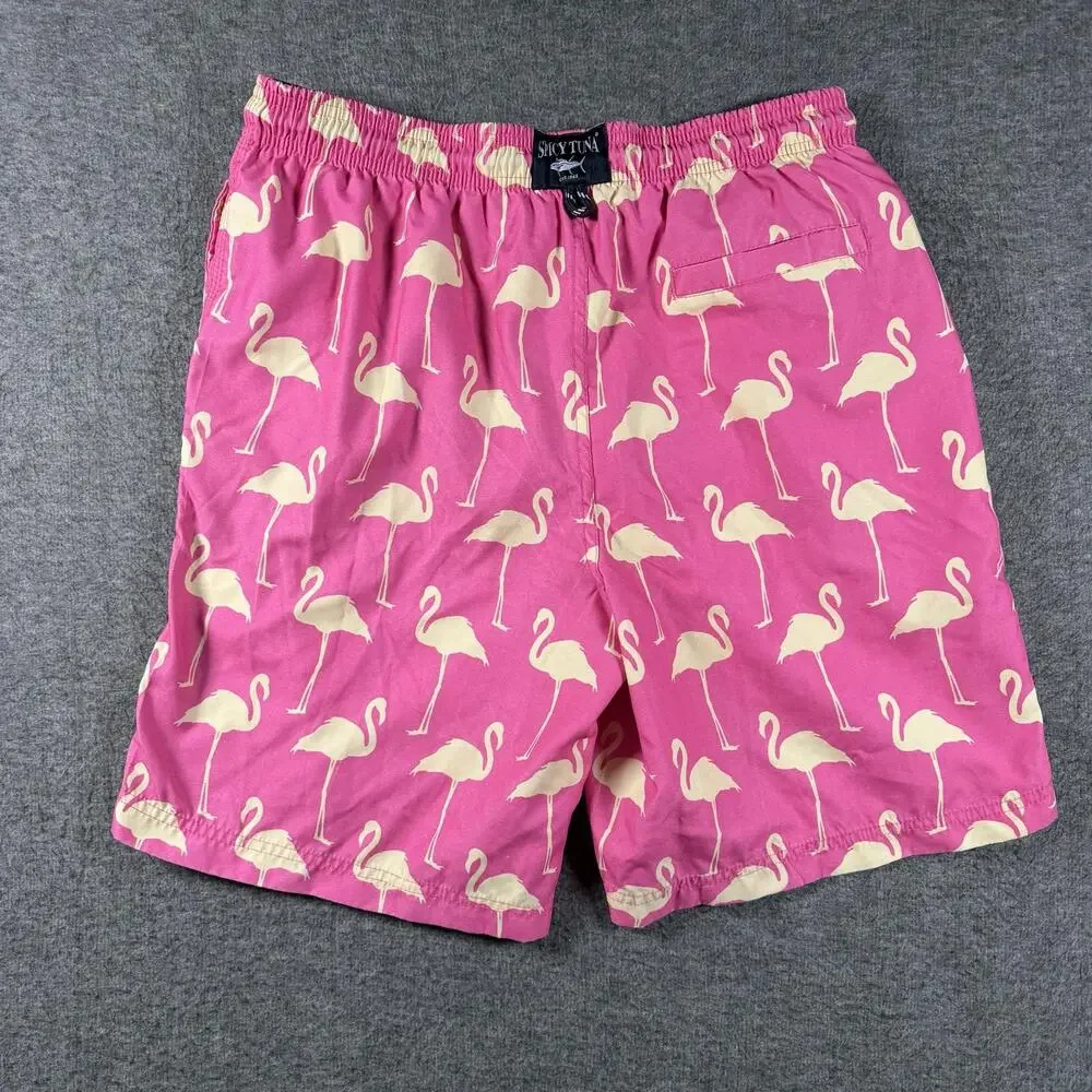 Spicy Tuna Shorts Mens Medium Pink Flamingo Swim Trunks Lined Drawstring Beach